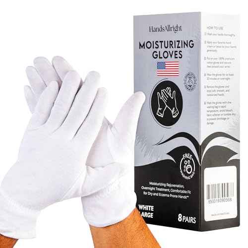 White Cotton Gloves for Dry Hand Sleeping - 8 Pairs of Washable Overnight Moisturizing Gloves with Laundry Bag, Breathable White Gloves for Women & Men