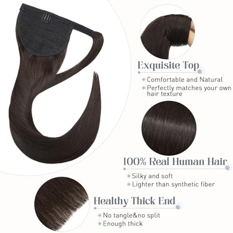 Rich Choices Ponytail Extension 100% Real Human Hair Wrap Around Remy Ponytail Extension for Women One Piece Clip In Long Pony tail Extensions Straight 18 Inch #2 Dark Brown
