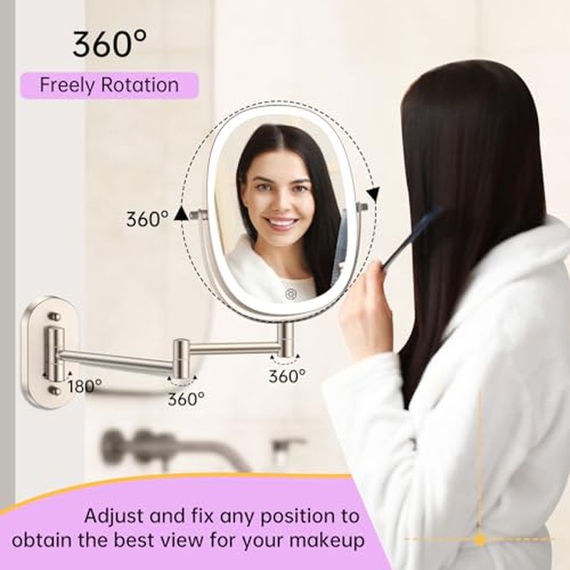 FUNTOUCH 30X/1X Wall Mounted Makeup Mirror,Rechargeable Double Sided Touch Switch Rectangle Oval Wall Mounted Magnifying Mirror with Light, 3 Color Setting,Extended Arm 360¡ÆFoldable, Nickel