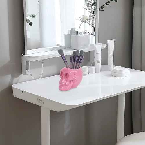 Skull Makeup Brush Holder, Skull Pen Holder, Gothic Skulls & Bones Organizer Bathroom Skeleton for Vanity Decor, Office Organizer, Planter (Pink)