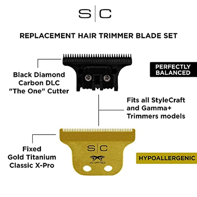 StyleCraft Replacement Fixed Gold Titanium Classic X-Pro Hair Trimmer Blade with Black Diamond Carbon DLC The One Cutter Set