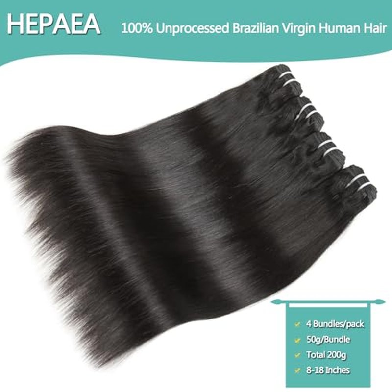 12A Straight Human Hair Bundles (12 12 14 14 Inches, 4 Bundles) 100% Unprocessed Brazilian Virgin Hair for Women Natural Black Hair Weave