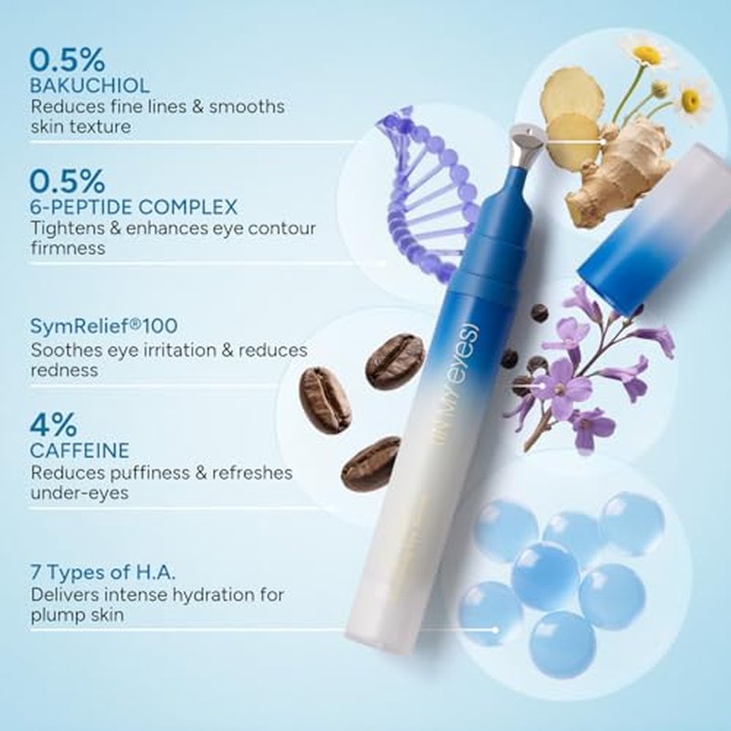 Caffeine Eye Serum, Firming Hydrating Renewing Eye Cream with Bakuchiol Hyaluronic Acid for Reduces Fine Lines, Dark Circles & Puffy Bags, Eyes Care with Zamak Applicator, 0.5 fl. oz
