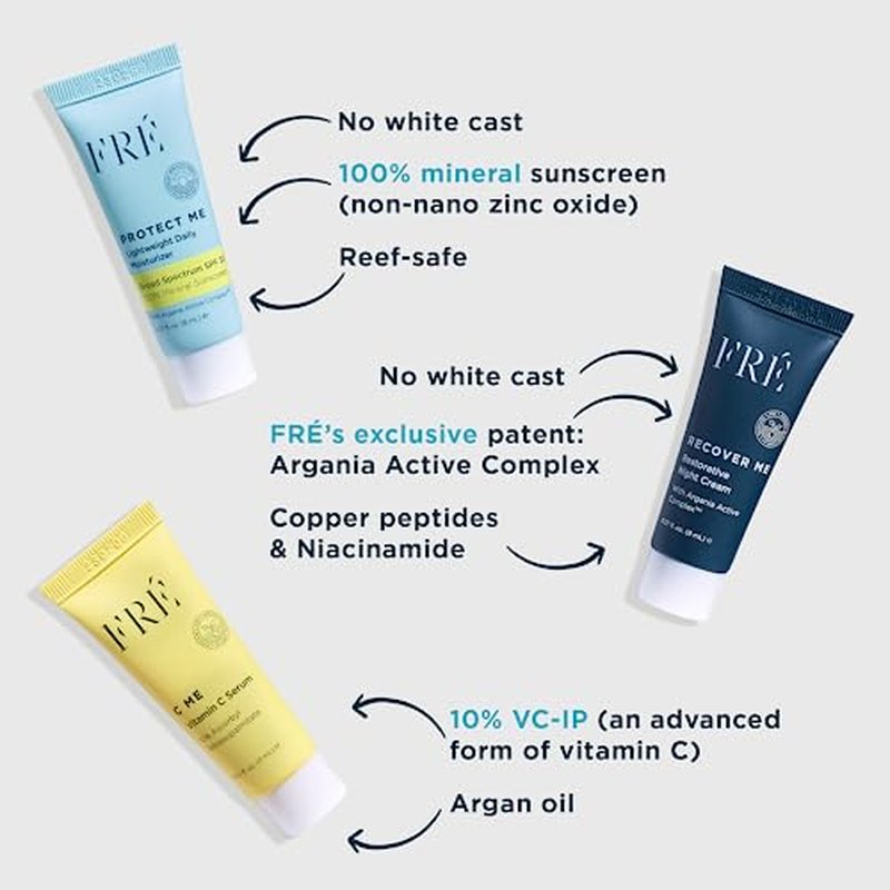 FRE DELUXE Mini Must Haves Skin Care Set with C ME, PROTECT ME & RECOVER ME- Anti Aging Vitamin C Brightening Serum, Face Moisturizer SPF 30 Travel Size Mineral Sunscreen & Restorative Night Cream