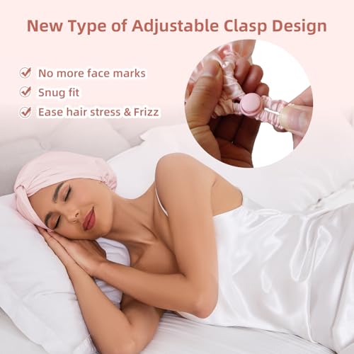 Adjustable Silk Satin Hair Bonnet for Sleeping Women, Double Layer, Silk Hair Wrap for Sleeping Women Men, Curly Natural Braid Straight Unisex - Pink