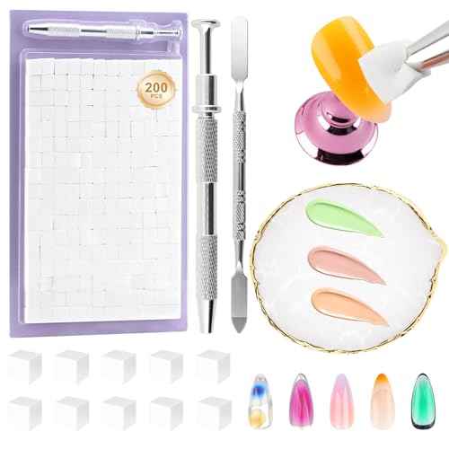 Nail Art Design Tools Supplies, Nail Art Palette with 200 Pcs Nail Sponges for Ombre and Gradient Painting Gel Nail Polish, Must Haves Nail Stuff for Ombre Aura Nail with Grabbing Pen & Spatula