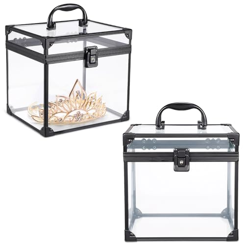 Noverlife Portable Crown Case for Pageants, 8x7x7.5inch Clear Makeup Tools Storage, Large Cosmetic Display, Travel Toiletry Organizer Train Box With Latches, Tiara Storage for Women