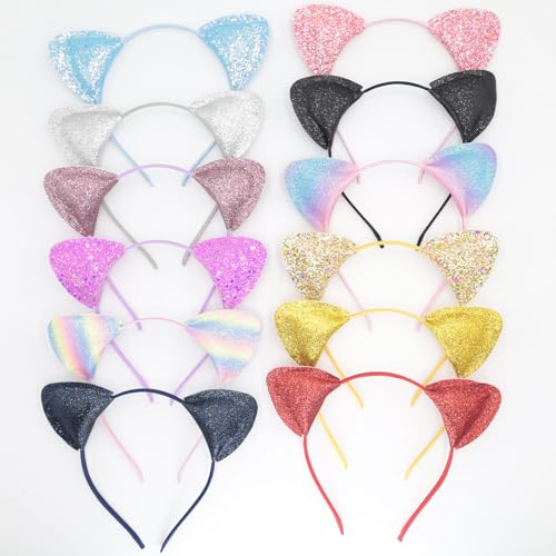 12 Shining Cat Ear Headbands, Daily Decorations Party Lovely Sequin Headwear, Hair Hoop for Girls Women