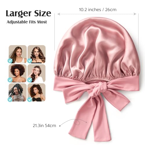 YFONG 100% 22 Momme Mulberry Silk Bonnet for Sleeping Women, Larger Double Layer Silk Hair Wrap for Curly Short Long Hair, Non-Slip Sleep Cap Turban with Elastic Tie Band for Hair Care, Pink