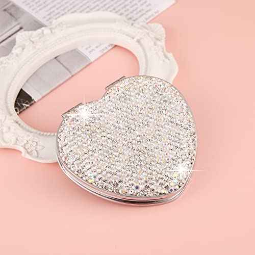 AsAlways Rhinestone Compact Pocket Mirror Portable Travel Cute Cosmetic Mirror Folding Handheld Double-Sided 1x/2x Magnifying Purse Mirror (Silver)