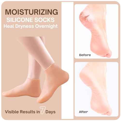 Reusable Silicone Socks for Dry Cracked Feet & Heels - Moisturizing Socks for Women and Men Fits Sizes US5-12 - Lotion Rubber Socks for Overnight Repair & Spa Treatment (Beige & Pink)