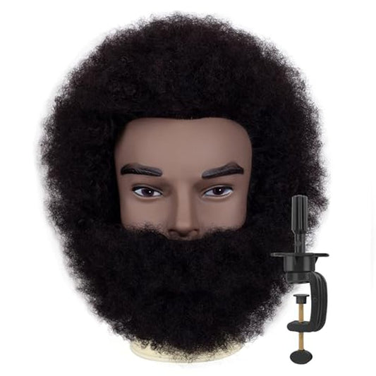 6"Afro Male Mannequin Head with Beard 100% Human Hair Curly Hair 4A Type for Hairdresser Training Head Cosmetology Afro Hair Manikin Head for Practice Styling Cornrow Braiding with Clamp Stand