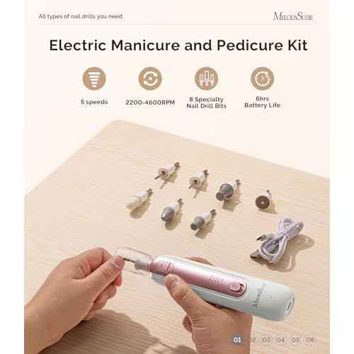 MelodySusie Professional Manicure Pedicure Kit,8-in-1 Electric Nail Drill Set with 5 Speeds,Rechargeable Cordless E-File with 360¡Æ LED Light,Perfect Hand Foot Care Trimmer Polish Tools - PC760G