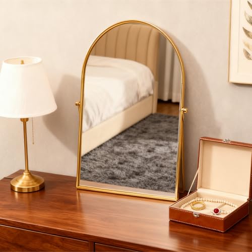 Golden Metal Mirror Vanity Table Desk Arch Makeup Bathroom Mirror Rotation Framed Standing Mirrors 90¡ÆAdjustable Room Decor for Living Room,Bedroom,Tabletop