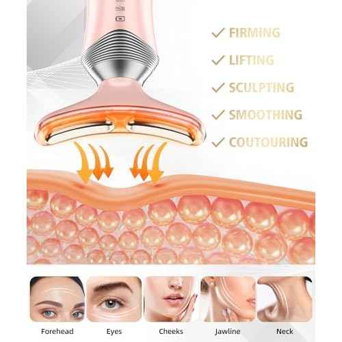 9-in-1 Red-Light-Therapy-for-Face-and-Neck, Portable Facial Massager Tool with Adjustable Vibration & Thermals for Wrinkles, Double Chin, Pink