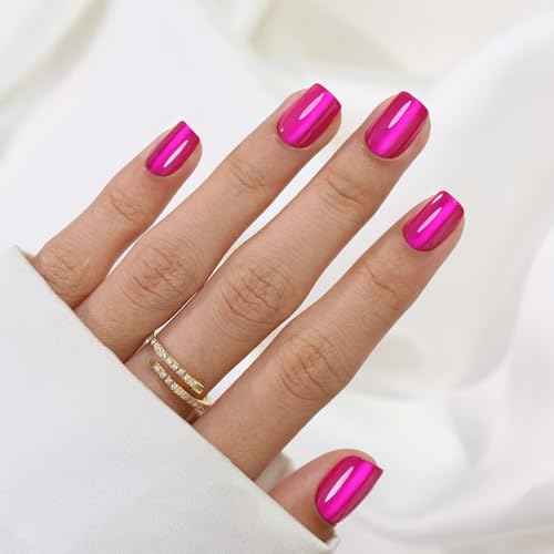 Hot Pink Press on Nails Short - Cat Eye Press on Nails Square for Women Gift, Natural Fit & Glossy Stick on Nails in 16 Sizes - 32 Reusable Soft Gel Fake Nails with Glue, Hot Pink