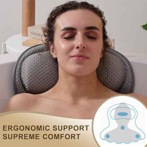 Bath Pillow Luxury Bathtub Pillow, Extra Soft & Comfortable Bath Pillow for Tub Head Neck and Back Support, with 4D Air Mesh Cushions & Non-Slip Suction Cups - Great Bath Gifts (Gray)