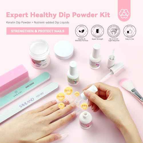 SAVILAND Clear Dip Powder Nail Kit Starter: 60g 2.1oz Dip Powder for Nails with Dipping Powder Liquid Set Dip Base Activator and Top Coat Professional Dip Nail Kit Repair for French Manicure Nail Art
