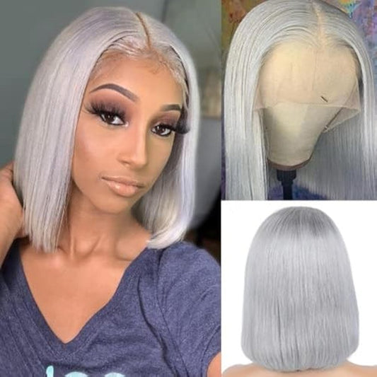 Smartinnov Grey Bob Wigs Human Hair 13x4 Lace Front Wigs Glueless Brazilian Remy Hair Straight for Women 8 Inch Pre Plucked Natural Hairline 180% Density Grey HD Lace Frontal Short Bob Wigs