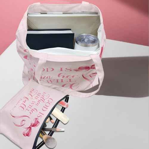 Christian Gifts for Women, Girls Preppy Bow Canvas Tote Bag Makeup Bag Set, Inspirational Bible Verse Religious Gifts Anniversary Nurse Mothers Day Reusable Grocery Bags Travel Cosmetic Bags