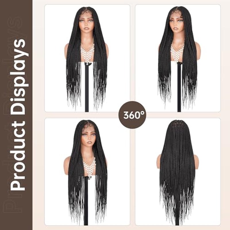 Box Braided Wig Full Double Lace Glueless Braids Wig with Baby Hair Human Hair Blended Synthetic Black Braided Wig for Black Women (1B, 30 Inch)