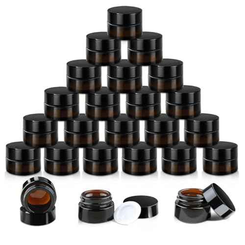 24 Pack 5g Amber Glass Cream Jars Round Cosmetic Vials Pot Refillable Makeup Bottle Containers with Lids&Inner Liners for Lotion Cream Ointments Lip Balm Eyeshadow Slime