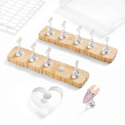 Nail Stand for Press On Nails Art Display Practice 2 Sets, 1 Heart Shaped Acrylic Magnetic Nail Stands, Fake Nail Holder Tips With 200 PCS Double-Sided Tape, Nail Kit Home DIY Salon Supplies