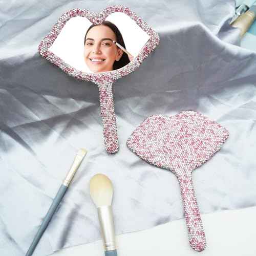 Rhinestone Mirror Handheld Lip Lash Mirrors Sparkle Travel Makeup Mirror with Handle Cosmetic Dazzling Portable for Women, Pink