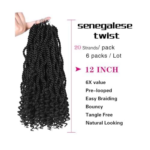 Wavy Senegalese Twist Crochet Hair 12 Inch Crochet Hairs for Black Women Pre-twisted Kids Crochet Hair 6 Packs Braids Wavy Ends Synthetic Hair Extension(1B#, 12 Inch£©