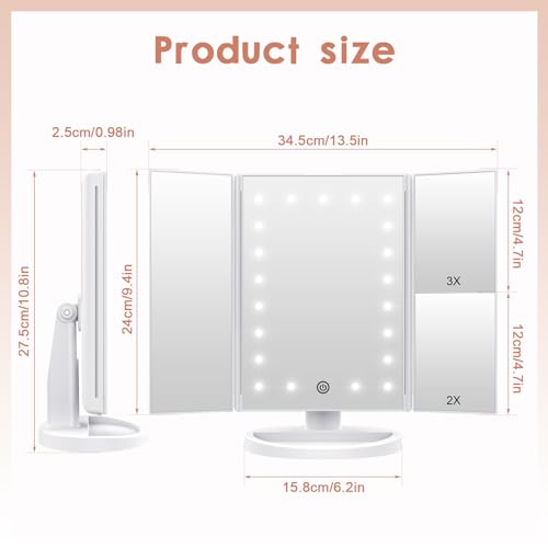 WEILY Makeup Vanity Mirror with 21 LED Lights and Touch Screen, Tri-Fold 1x 2X 3X Magnification,180¡Æ Adjustable Rotation and USB Powered,Countertop Cosmetic Mirror (White)