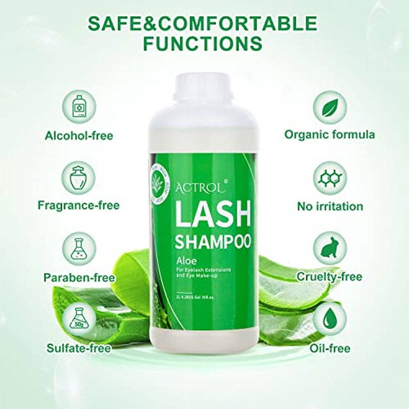 Eyelash Extension Cleanser Aloe 1L Natural Lash Extension Shampoo Professional Eyelid Foaming Cleanser Paraben & Sulfate Free Non-lrritating with Salon and Home Care