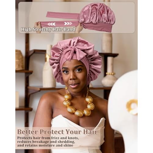 Reversible Satin Bonnet for Sleeping Women Double Layer Hair Bonnet with 2PCS Hair Scrunchies Elastic Tie Band Night Cap