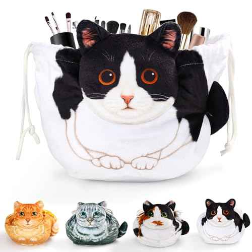Drawstring Makeup Bag, Cat Makeup Bag, Travel Makeup Organizer, Cosmetic Pouch Bag, Cat Gift for Women, Lay Flat Makeup Bag Gifts for Cat Lovers