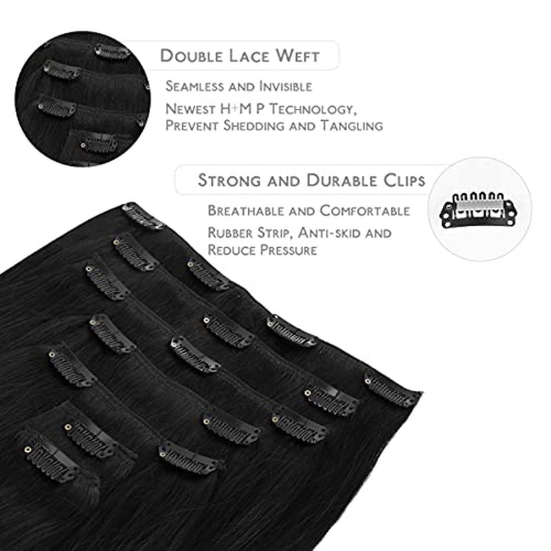 Wennalife Clip in Jet Black 16 Inch 120g 7pcs Human Hair Extensions Remy Clip in Hair Extensions Double Weft