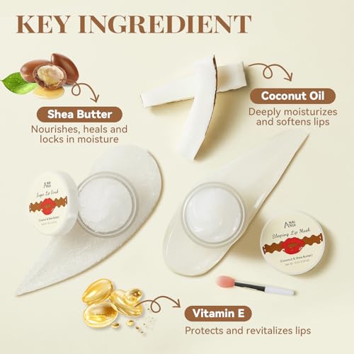 ANAI RUI Coconut Lip Scrub & Lip Mask Set with Shea Butter, Lip Scrubber Exfoliator Enriched with Vitamin E, Sugar Scrub for Dry Lips, Hydrating Lip Mask for Overnight Use, Christmas Gifts for teens