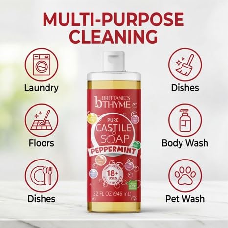Pure Castile Liquid Soap Refill - Peppermint Scent, 32 oz Pack of 2 | Gentle, Vegan Formula for Hair & Body