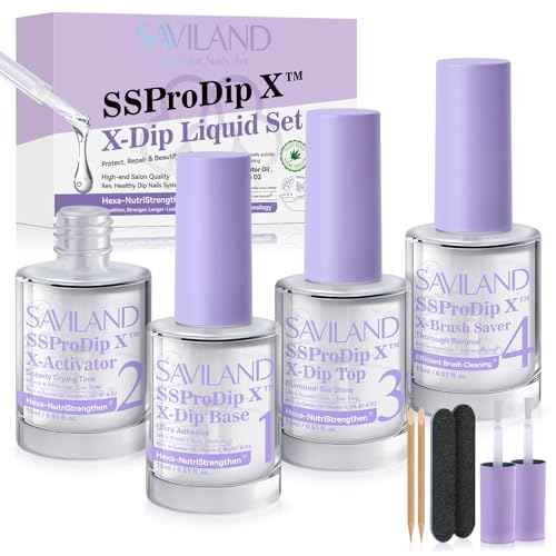 SAVILAND Dip Powder Liquid Set: 15 ml/0.5 Fl.oz Nail Dipping System Essentials for Beginners - HEMA-free Dip Base, Top, Activator, Brush Saver - Strengthen Nails DIY at Home, No Nail Lamp Needed