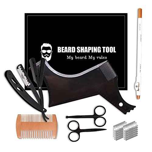 Beard Shaper, Beard Shaping Tools, Include Beard Template Guide, Professional Straight Edge Razor, 10 Count of Double Edge Blade, Barber Pencil, Beard Comb, 2 Stainless Steel Scissors