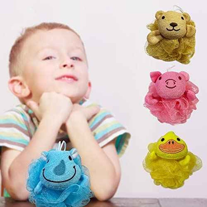 (4 Pack) Lovely Animal Design Kids Exfoliating Bath Scrubber Body Scrubber Shower Ball for Baby Toddler Kids Gentle Exfoliating Bath Sponge Loofah Pouf in Colorful Design (Joyful TERRICOLE)