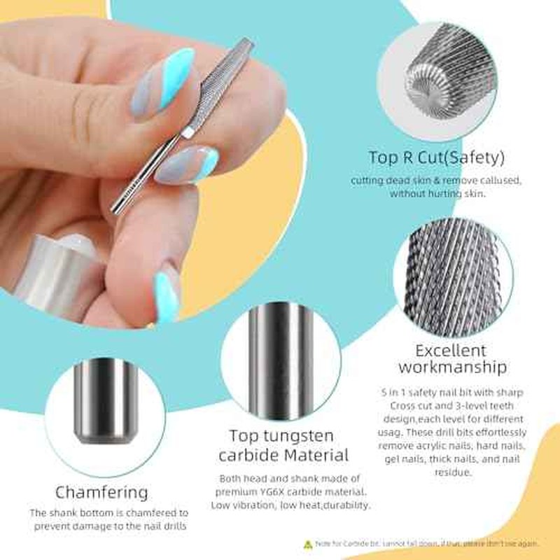 24mm Super Long 5 in 1 Nail Drill Bits, Cross Tapered Carbide Bit, 3/32" Two-way Rotate for Both Hand, Remove Acrylic Nails/Gel, Electric File Tool Drills Manicure Accessories (2XF)