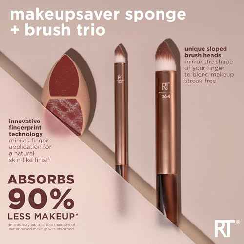 Real Techniques Makeupsaver Sponge + Brush Trio, Makeup Blending Sponge & Brushes For Liquid & Cream Foundation, Natural Finish & Reduces Makeup Waste, Cruelty & Latex-Free, 3 Piece Set