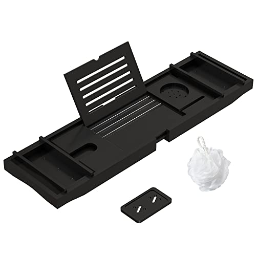 Bamboo Bathtub Tray for Luxury Bathroom, Expandable Premium Bath Tray w/Soap Towel Book Holder, Adjustable Bath Accessories for Tub,Extendable Tub Tray with Wine Glass Cup Organizer 29.5"-43.3" Black
