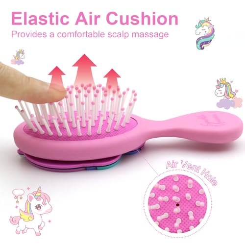 Toddler Hair Brush - Mini Hair Brush for Kids - Travel Brush for Boys and Girls - Unicorn Brush with Air Cushion - Pink