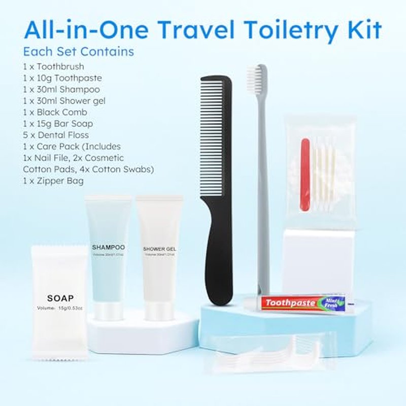 Hygiene Kits and Bulk Convenience Kits Feature Double-Sealed Individual Packaging. Personal Hygiene Kits are Suitable for Hotels, Camping, Home Use, and Travel (25-Pack)