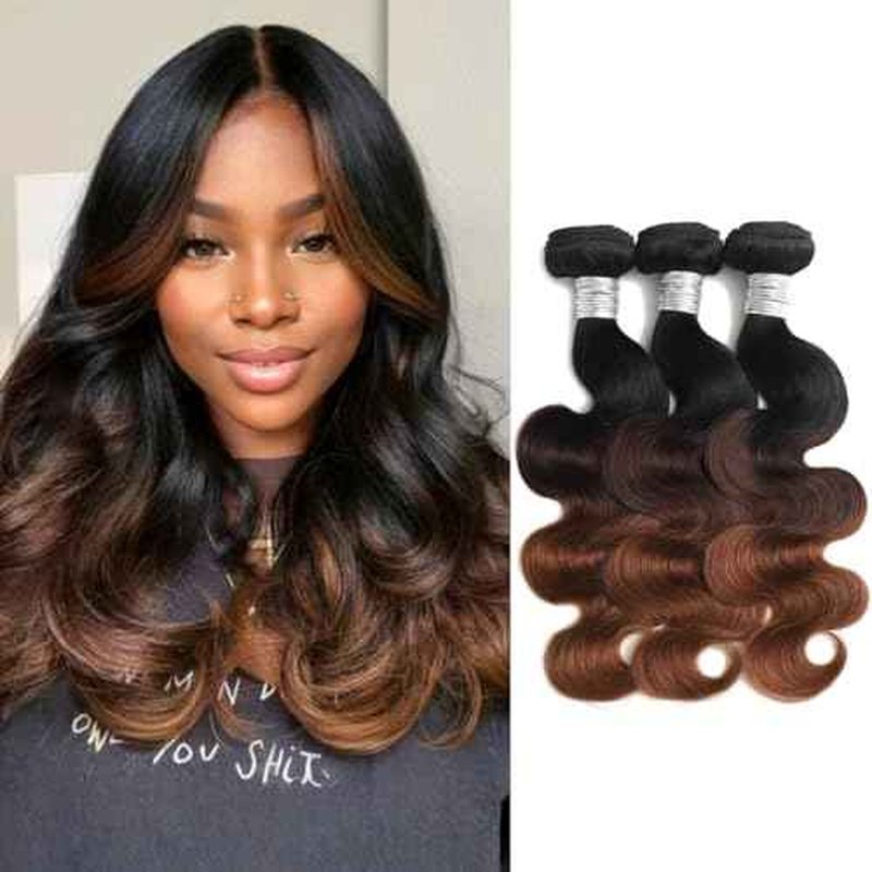 Chestnut Brown Ombre Human Hair Bundles Body Wave, 12A Thick Track 3 Tone Ombre Medium Auburn Colored 3 Bundles 100% Virgin Brazilian Weaves T1B/2/30 Dark Roots Wavy Sew In Extensions 16 18 20In