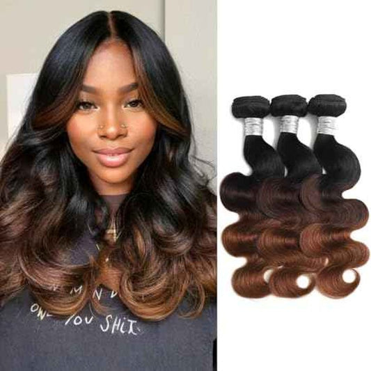 Chestnut Brown Ombre Human Hair Bundles Body Wave, 12A Thick Track 3 Tone Ombre Medium Auburn Colored 3 Bundles 100% Virgin Brazilian Weaves T1B/2/30 Dark Roots Wavy Sew In Extensions 16 18 20In