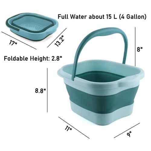 Collapsible Foot Bath Soak Tub with Handle, Plastic Foldable Feet Spa Soaking Basin Bucket with Massager Acupoint for Washing, Pedicure Foot Care Bathtub Bowl Tools for Pain Relief, Green