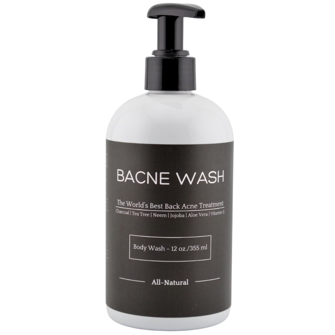 Bacne Wash: All Natural Back Acne Cleanser with Charcoal, Jojoba Oil, Tea Tree Oil, Neem Oil, Aloe Vera, Colloidal Oatmeal, and Vitamin E - Body Acne Wash for All Skin Types