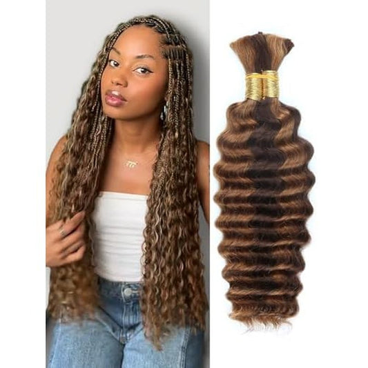 4/30 Bronze Gold Human Braiding Hair Deep Wave Bulk£¬Highlight No Weft Curly Braiding Hair Extensions for Boho Braids Wet and Wavy Braiding Human Hair Bundles(18inch,4/30,100g)