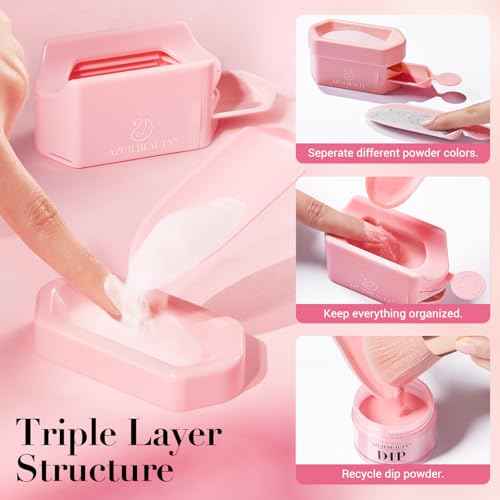 AZUREBEAUTY Dip Powder Recycling Tray System, Triple Layer Recycling Case Nail Dip Powder Container with Nails Tool Nail Brush Glass Nail File, French Nail Art Manicure Essential Tool